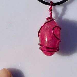 Jelly Bean- Natural pink stone pendant wire wrapped in a hot pink wire.